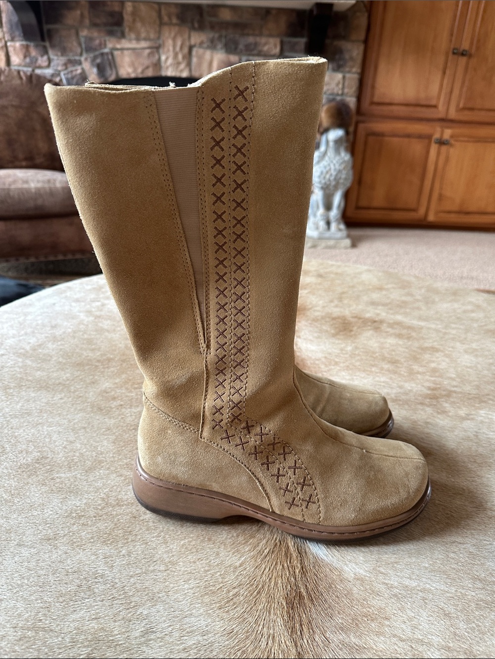 Dansko Tan Suede Mid-Calf Pull-On Boots with Stitch Detail
